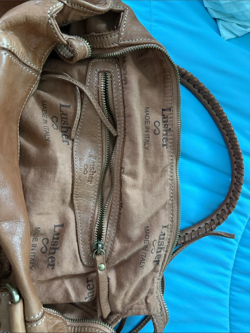 LUsher Tan Braided-Handle Italian Leather Shoulder Bag with Fringe w/Dust bag